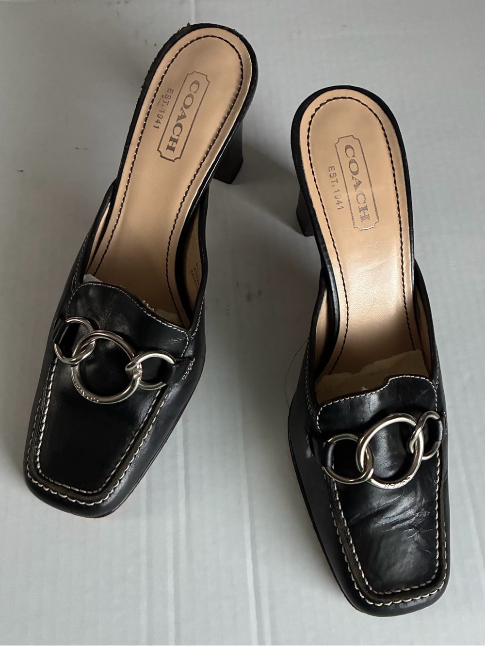 Coach Black Leather Mule Heels with Silver Chain Accent